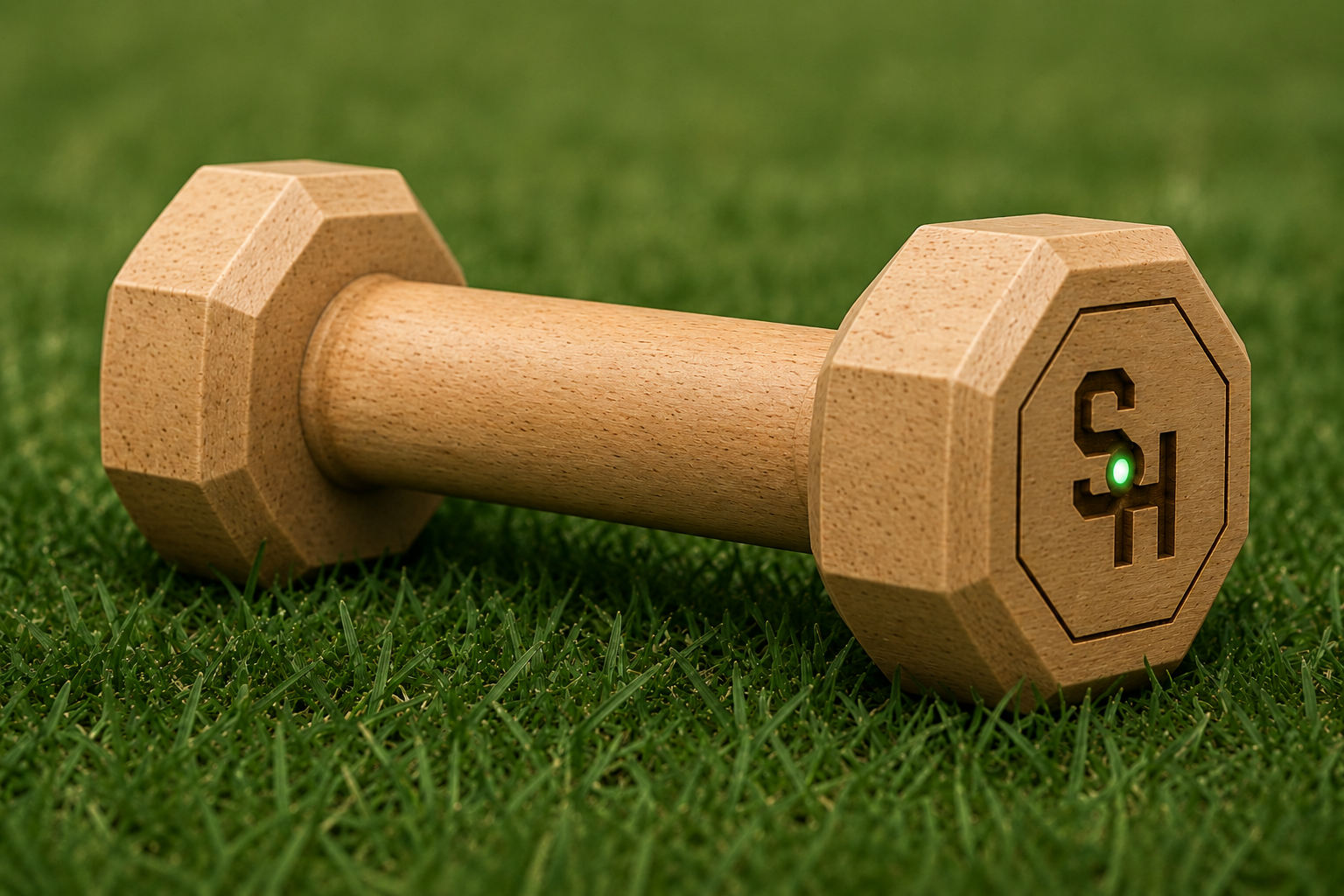 Smart Hold dumbbell on grass with the LED lit green