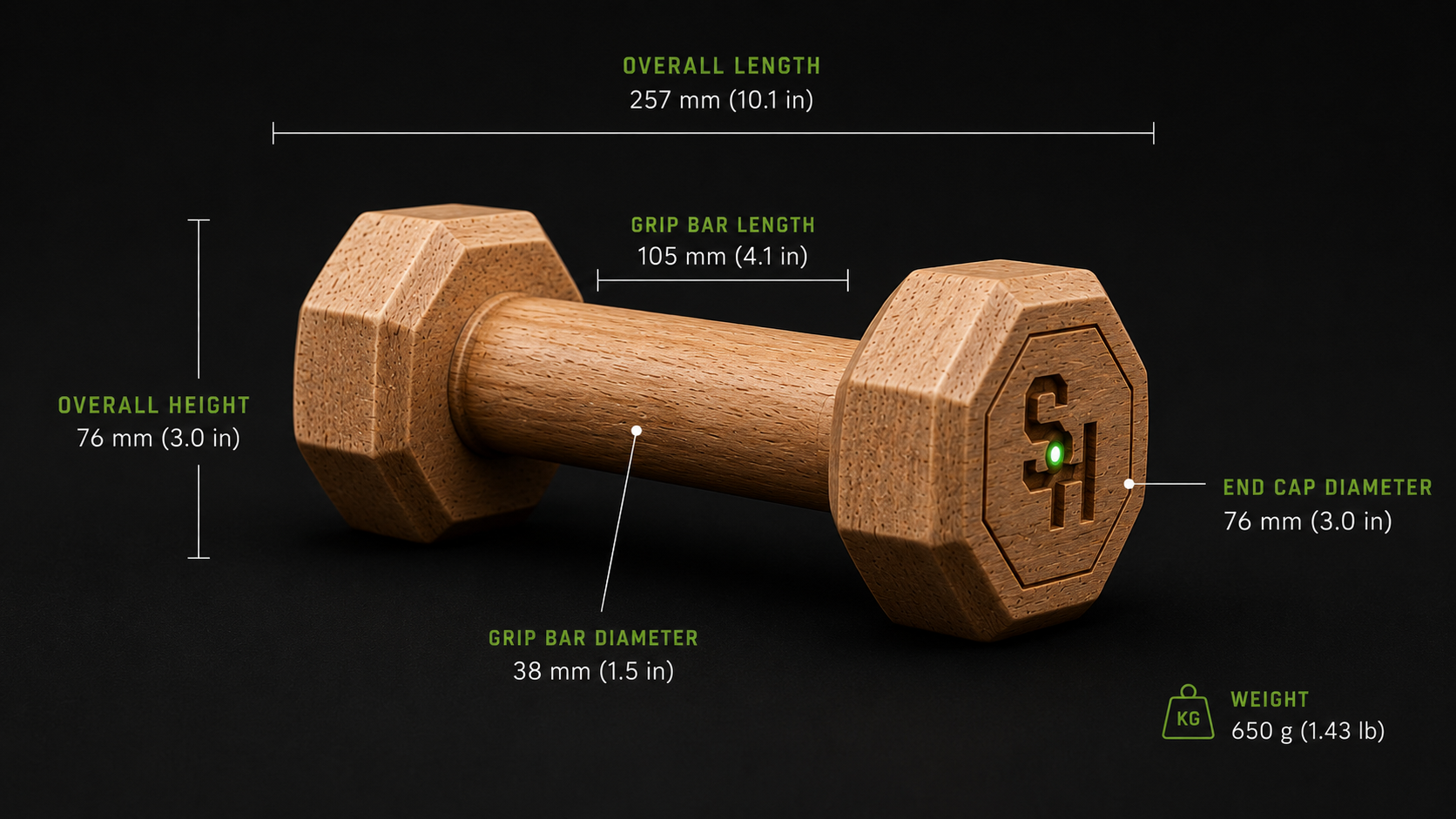Smart Hold dumbbell with dimension callouts: overall length 257 mm, overall height 76 mm, grip bar length 105 mm, grip bar diameter 38 mm, end cap diameter 76 mm, weight 650 g